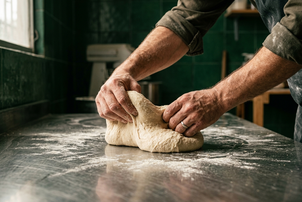 Manos trabajando una masa sobre una mesa de panadería